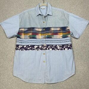 VTG 80s Casey & Max Shirt‎ 20W Chambray Denim Embroidered Button Up Top Tribal